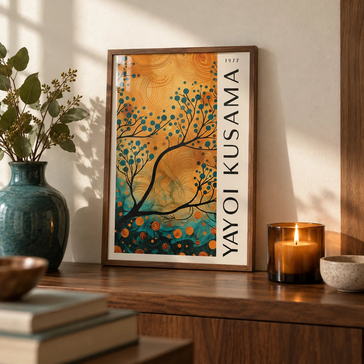 Autumn Wall Art for Living Room, a small A4 framed print leaning on a walnut shelf