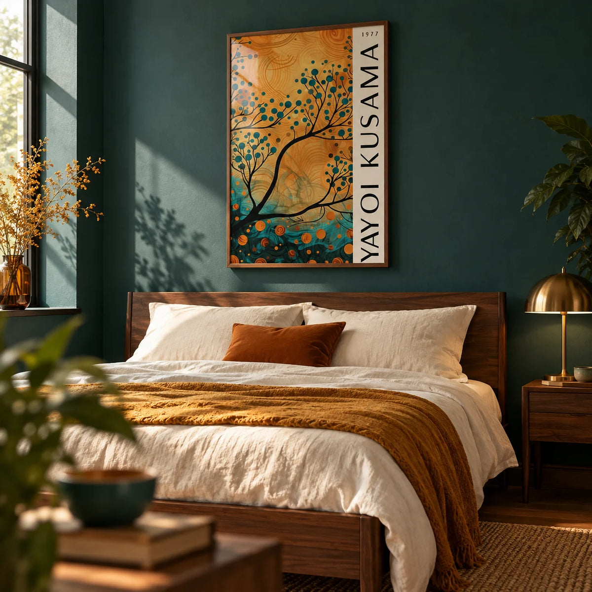 Autumn Wall Art for Living Room, framed on the wall of a warm bedroom with a deep teal painted wall