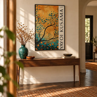Autumn Wall Art for Living Room, framed on the wall of a warm hallway with a cream wall and dark wood floorboards