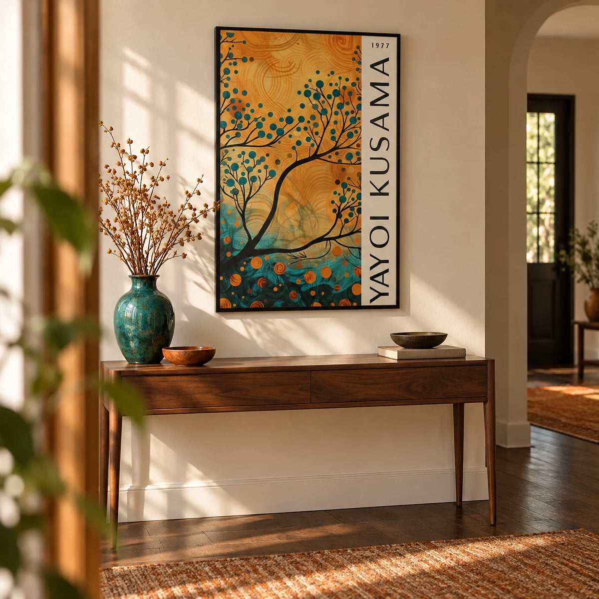 Autumn Wall Art for Living Room, framed on the wall of a warm hallway with a cream wall and dark wood floorboards