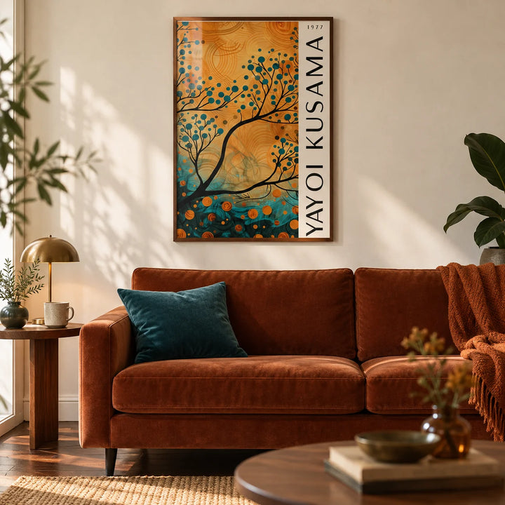 Autumn Wall Art for Living Room, framed on the wall of a warm living room with a soft cream wall and a dark wood floor