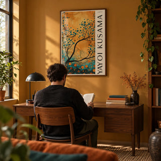 Autumn Wall Art for Living Room, framed on the wall of a warm study with an amber-painted wall