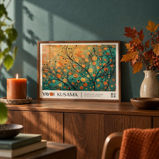 Autumn Wall Art, a small A4 framed print leaning on a walnut sideboard in a living room
