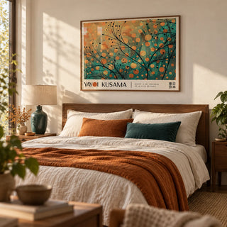 Autumn Wall Art, framed on the wall of a warm bedroom with a soft cream wall