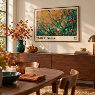 Autumn Wall Art, framed on the wall of a warm dining room with a cream wall
