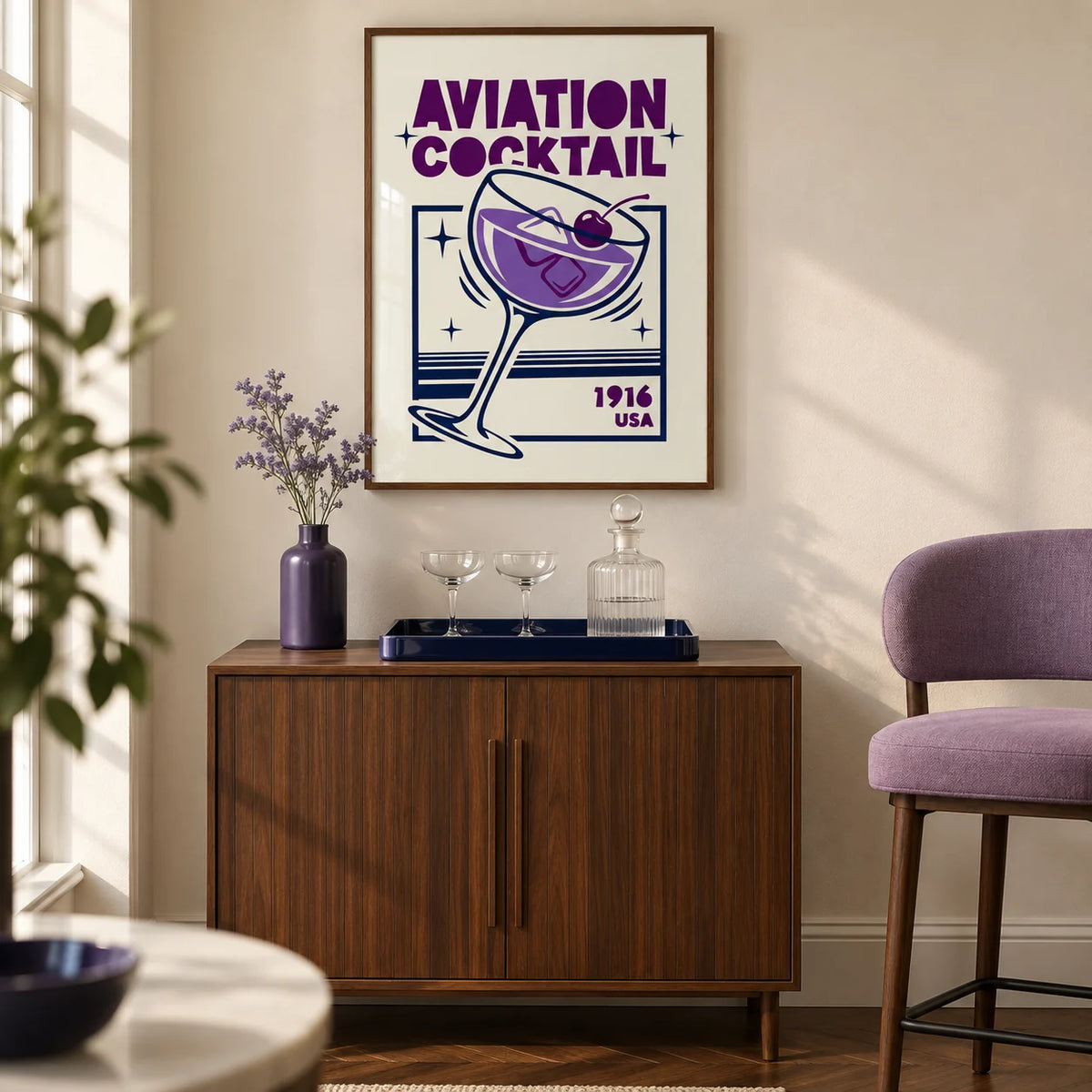 Aviation Cocktail Print, framed on the wall of a compact home bar in a design-led UK flat with an ivory wall and walnut floor in a living room