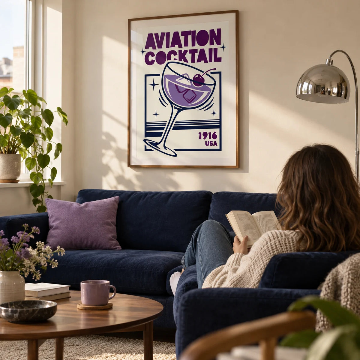 Aviation Cocktail Print, framed on the wall of a relaxed modern living room in a UK first flat for a couple aged 25-35 with a warm ivory wall