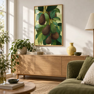 Avocado Wall Art, framed on the wall of a bright living room with a white wall