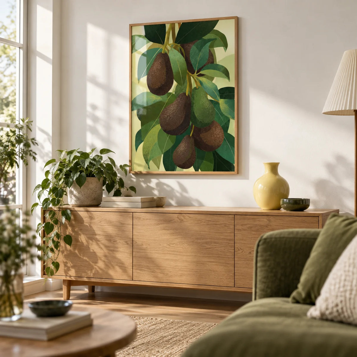Avocado Wall Art, framed on the wall of a bright living room with a white wall