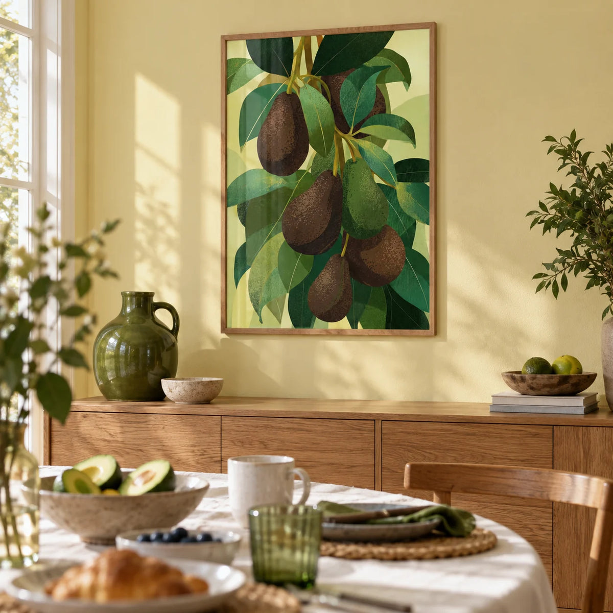 Avocado Wall Art, framed on the wall of a light dining room with a pale yellow wall