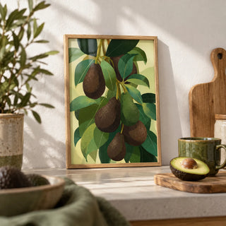Avocado Wall Art, a small A4 framed print leaning on a kitchen shelf