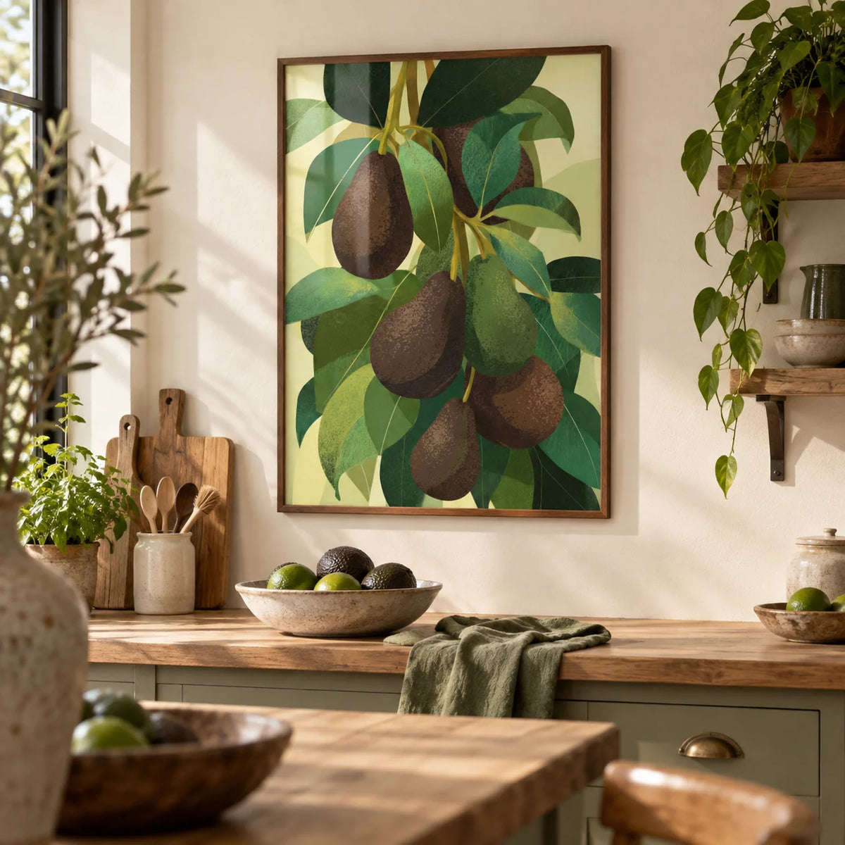 Avocado Wall Art, framed on the wall of a warm farmhouse kitchen with a cream wall