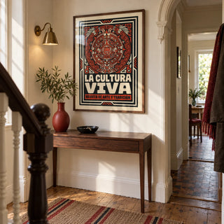 Aztec Culture Art Print, framed on the wall of a characterful narrow hallway in a UK Victorian terrace with cream plaster walls