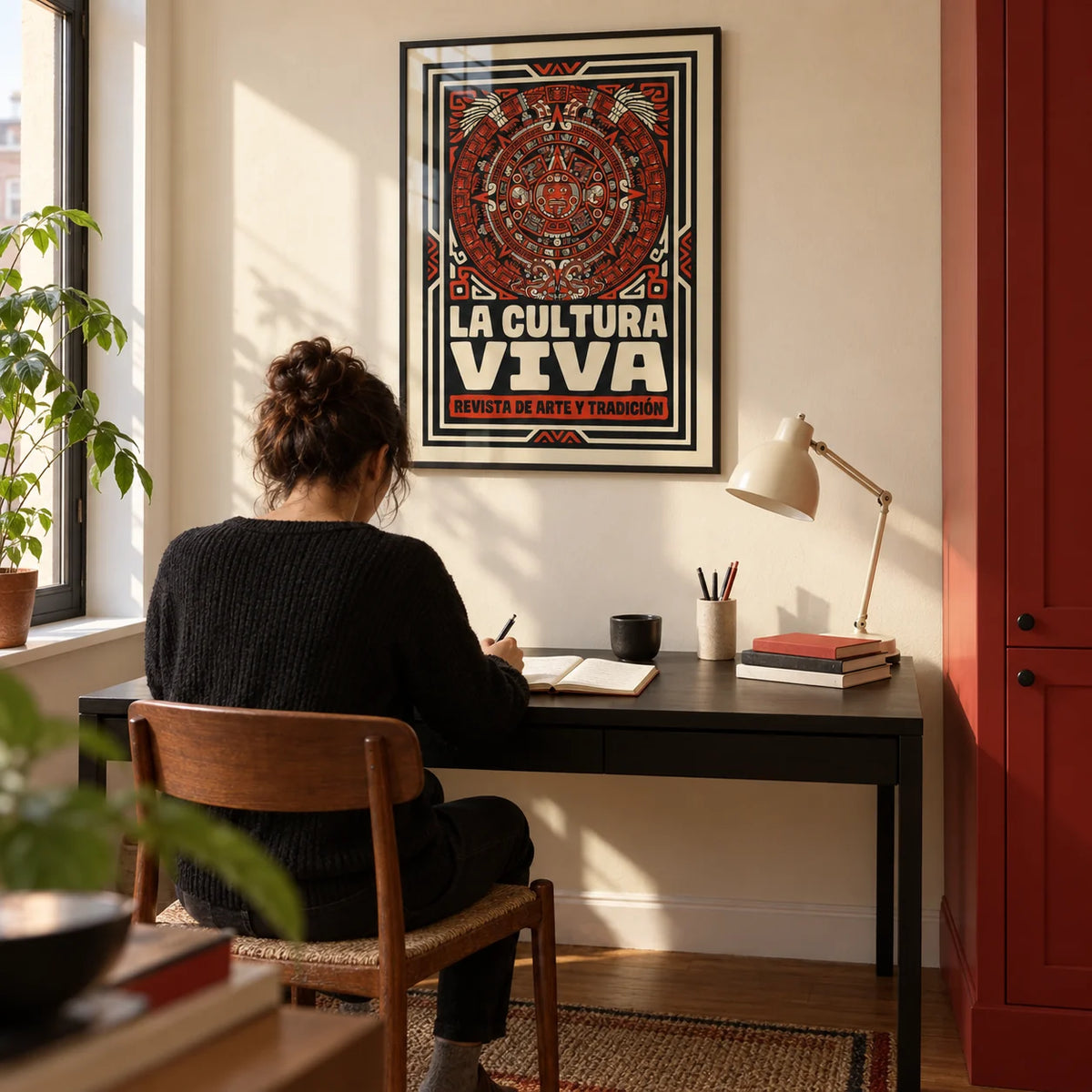Aztec Culture Art Print, framed on the wall of a compact creative home study in a city flat with a warm cream wall and a plain red painted storage cupboard