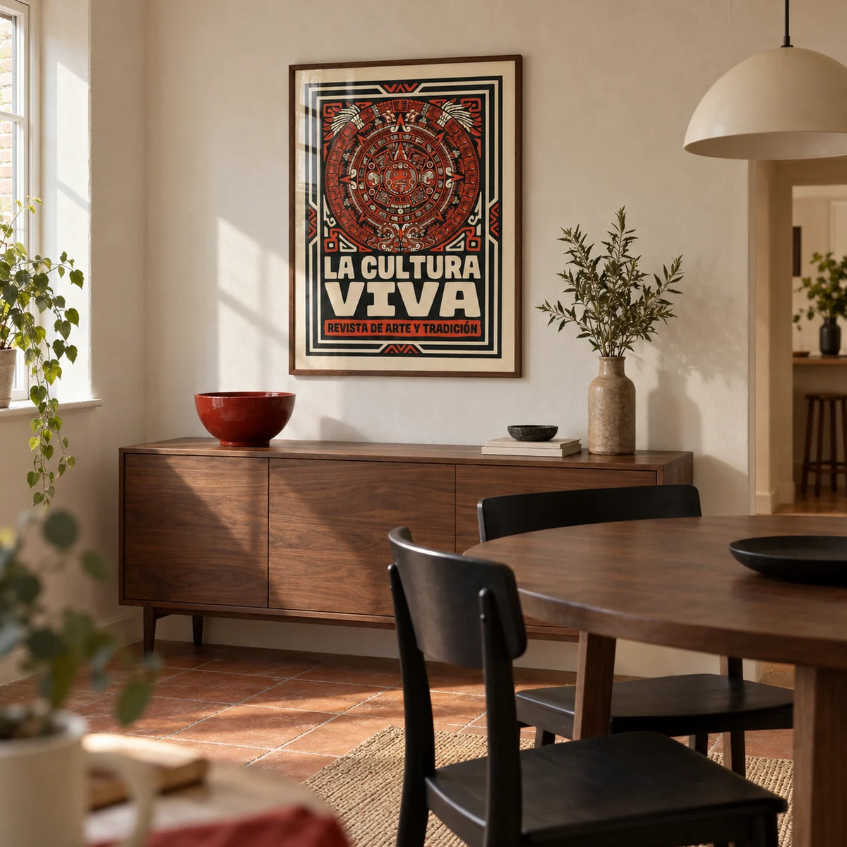 Aztec Culture Art Print, framed on the wall of a design-led dining room in a renovated UK terrace with warm white plaster walls and terracotta floor tiles