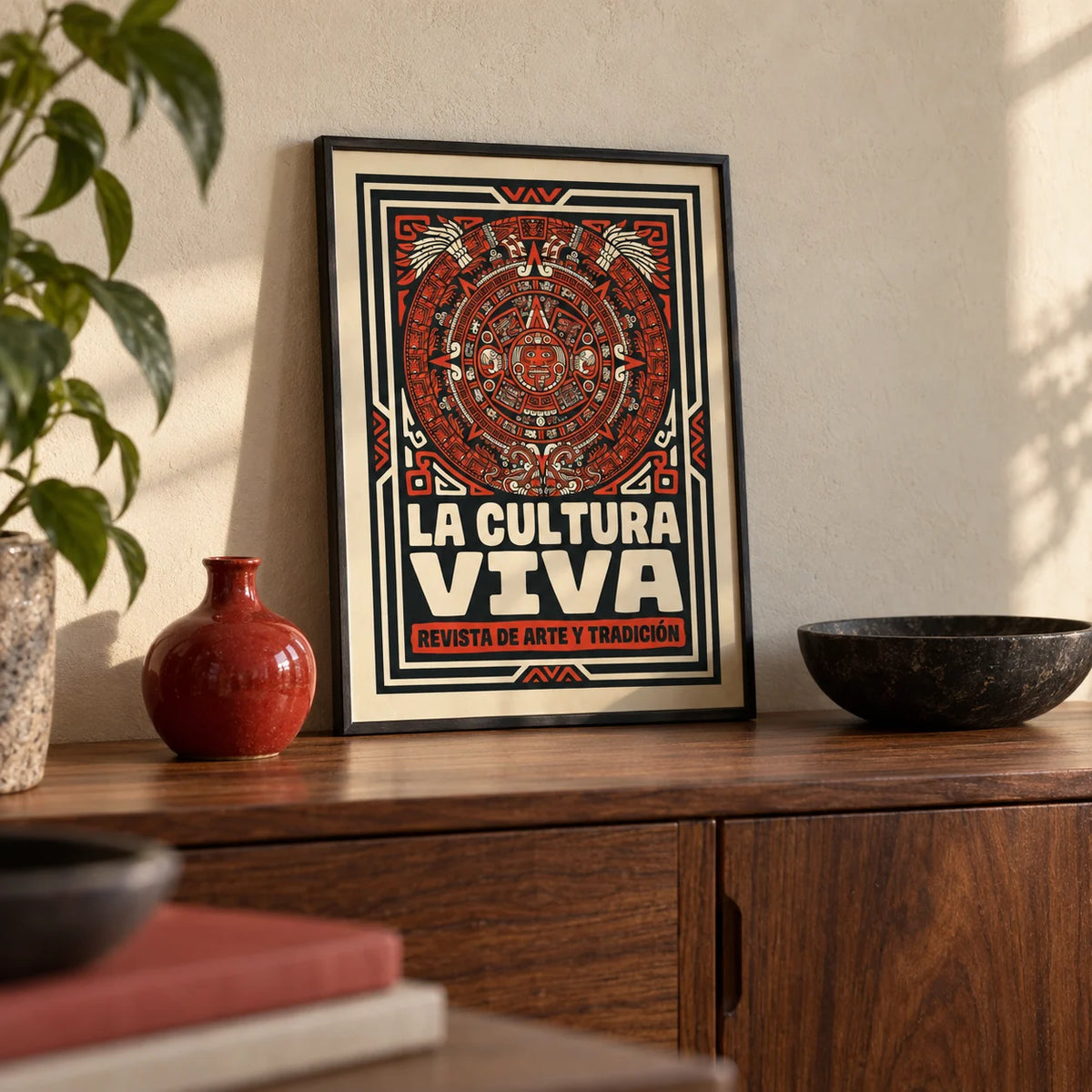 Aztec Culture Art Print, a small A4 framed print leaning on a walnut sideboard in a living room