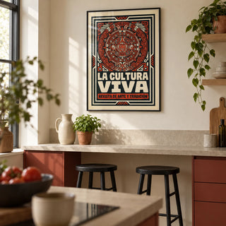 Aztec Culture Art Print, framed on the wall of a warm contemporary kitchen in a UK first home for a design-conscious couple (25-35)