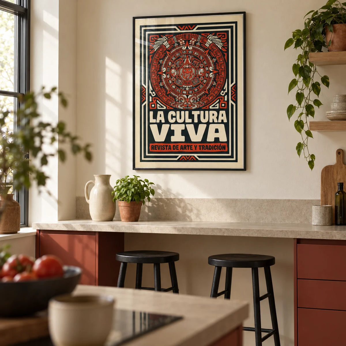 Aztec Culture Art Print, framed on the wall of a warm contemporary kitchen in a UK first home for a design-conscious couple (25-35)