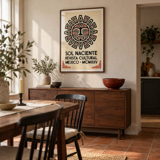 Aztec Sun Illustration Art Print, framed on the wall of a characterful dining room in a renovated UK terrace with pale plaster walls and plain terracotta floor tiles