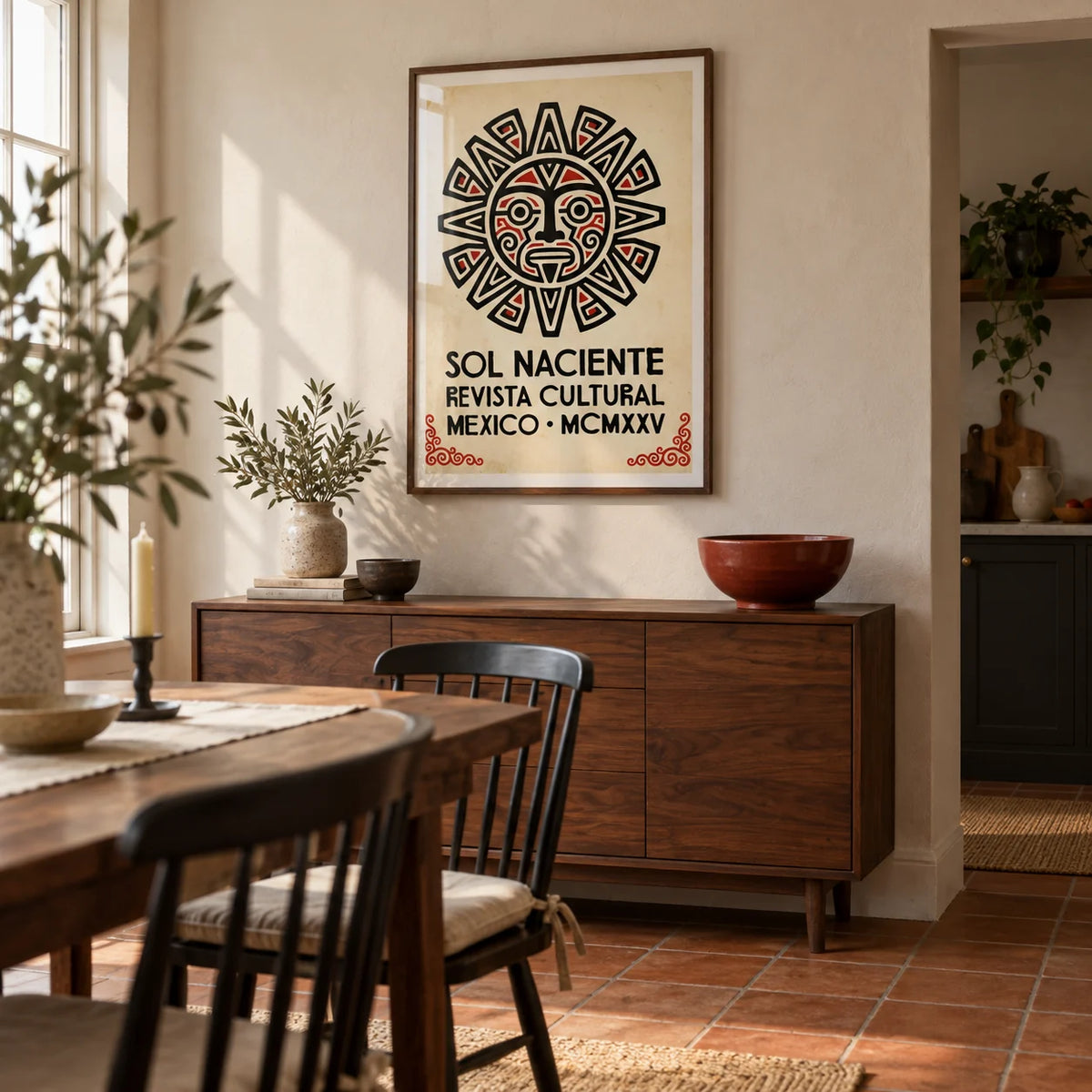Aztec Sun Illustration Art Print, framed on the wall of a characterful dining room in a renovated UK terrace with pale plaster walls and plain terracotta floor tiles