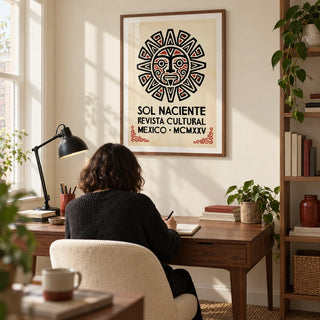 Aztec Sun Illustration Art Print, framed on the wall of a compact creative study in a UK flat with a pale cream wall