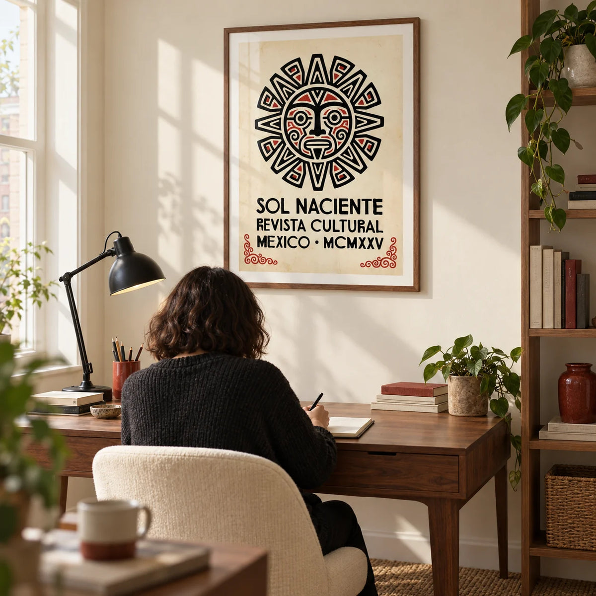 Aztec Sun Illustration Art Print, framed on the wall of a compact creative study in a UK flat with a pale cream wall