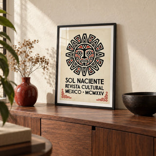 Aztec Sun Illustration Art Print, a small A4 framed print leaning on a walnut sideboard in a living room