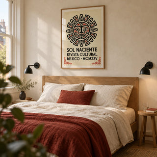 Aztec Sun Illustration Art Print, framed on the wall of a warm graphic bedroom for an adult in a UK terrace with a cream plaster wall