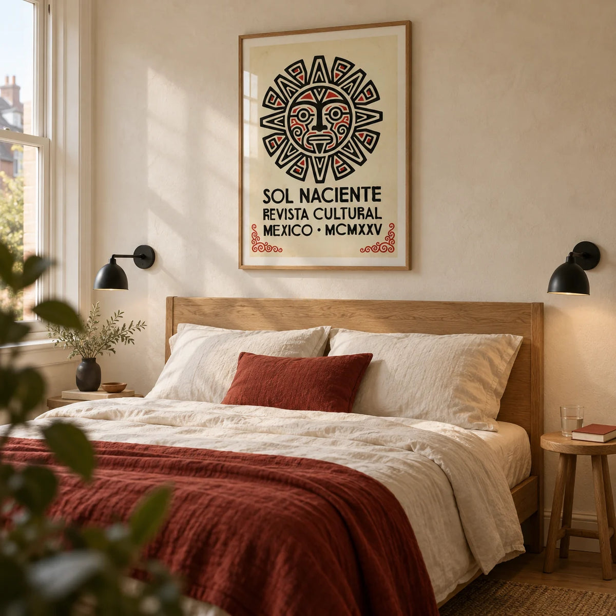 Aztec Sun Illustration Art Print, framed on the wall of a warm graphic bedroom for an adult in a UK terrace with a cream plaster wall