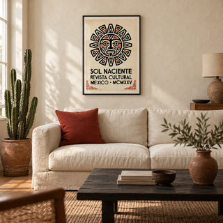 Aztec Sun Illustration Art Print, framed on the wall of a warm Mexican-modern living room in a UK terrace with cream limewashed walls and oak floorboards