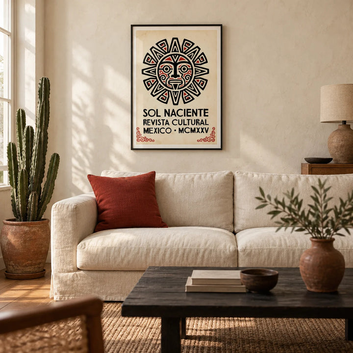 Aztec Sun Illustration Art Print, framed on the wall of a warm Mexican-modern living room in a UK terrace with cream limewashed walls and oak floorboards