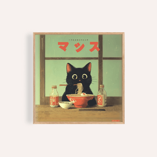 Ramen Cat Art print with Black, Red, and Green colors for kitchen walls