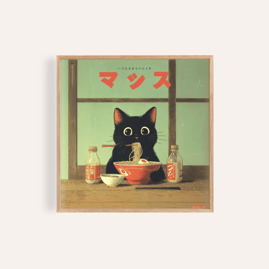 Ramen Cat Art print with Black, Red, and Green colors for kitchen walls