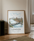 Detailed travel print of London with bridge in the foreground and buses