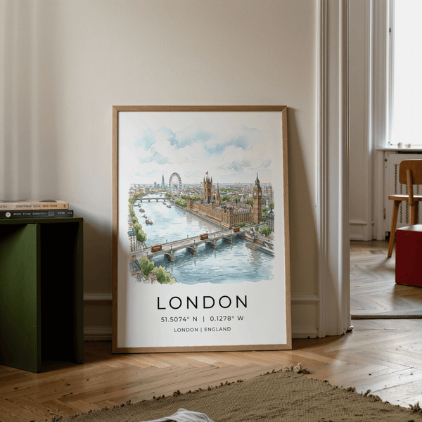 Detailed travel print of London with bridge in the foreground and buses