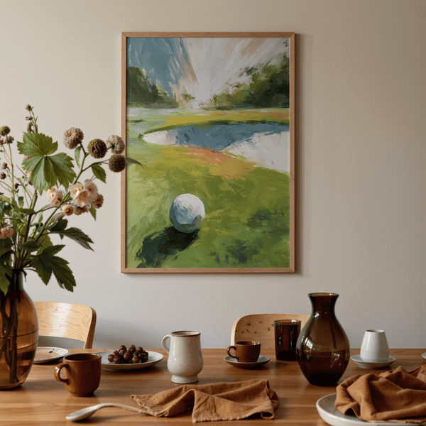 Green and Blue golf course poster with bunker edge and open sky