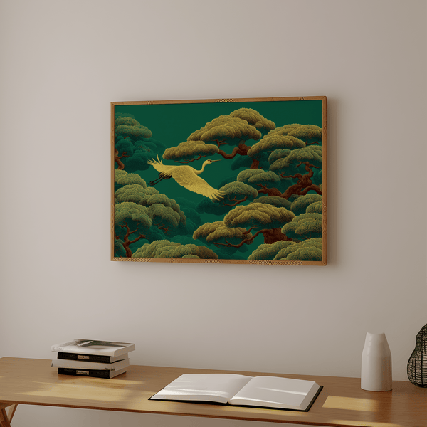 White Crane Artwork wall art, study area, green and white palette