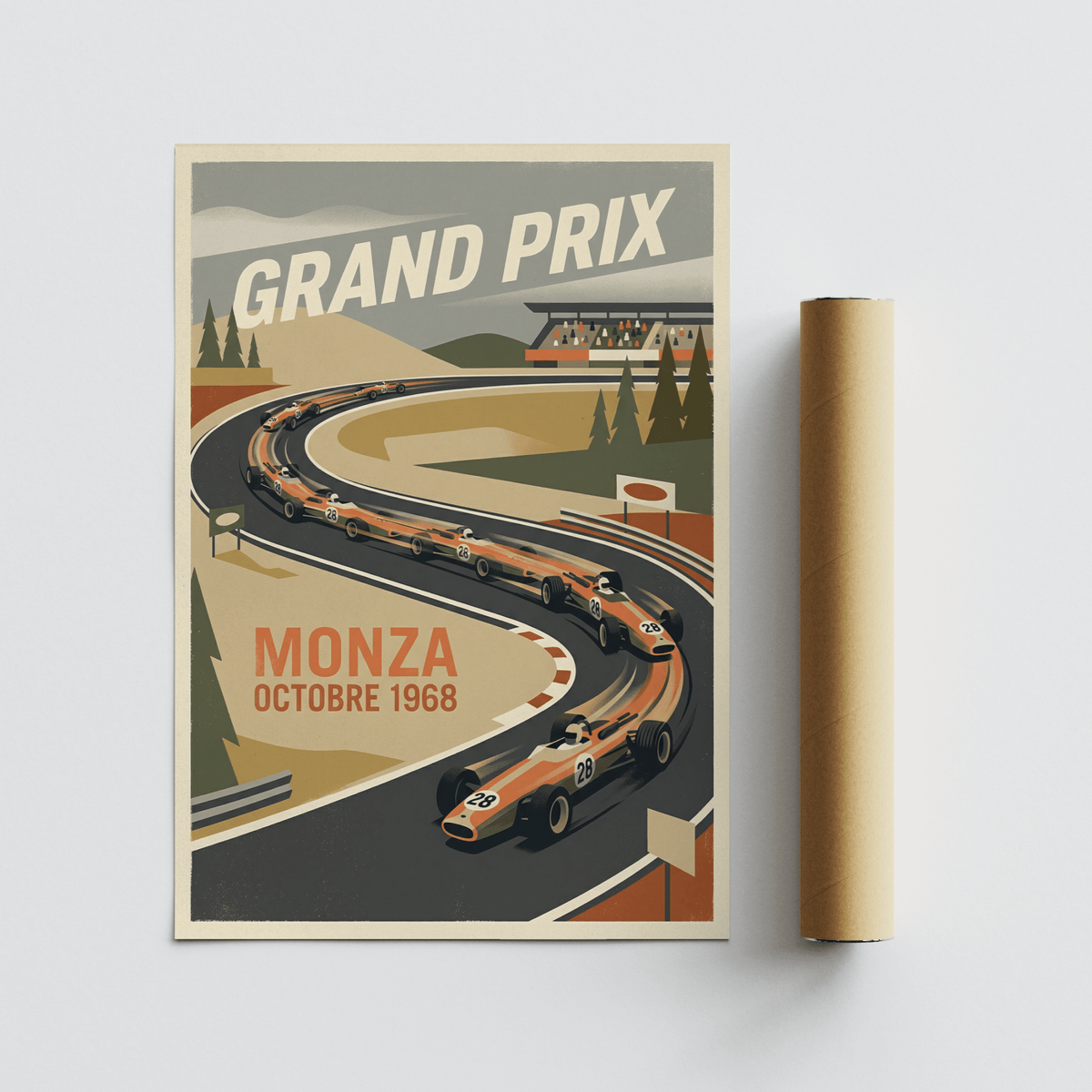 Monza Grand Prix Art Print poster with bold typography and streamlined racing car silhouettes