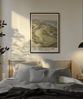 Muted Coastal Golf Landscape print with curved fairway path and shoreline view