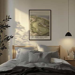 Muted Coastal Golf Landscape print with curved fairway path and shoreline view