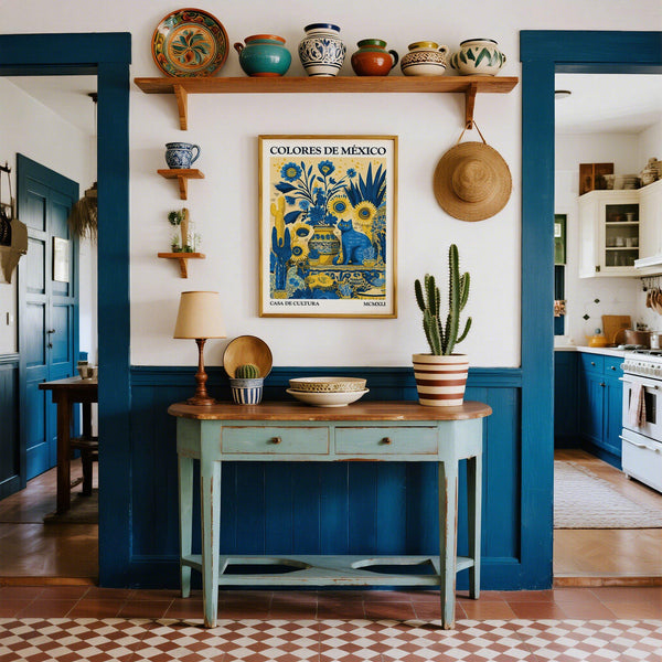 Decorative wall print showing folk-style Mexican pottery and flora.