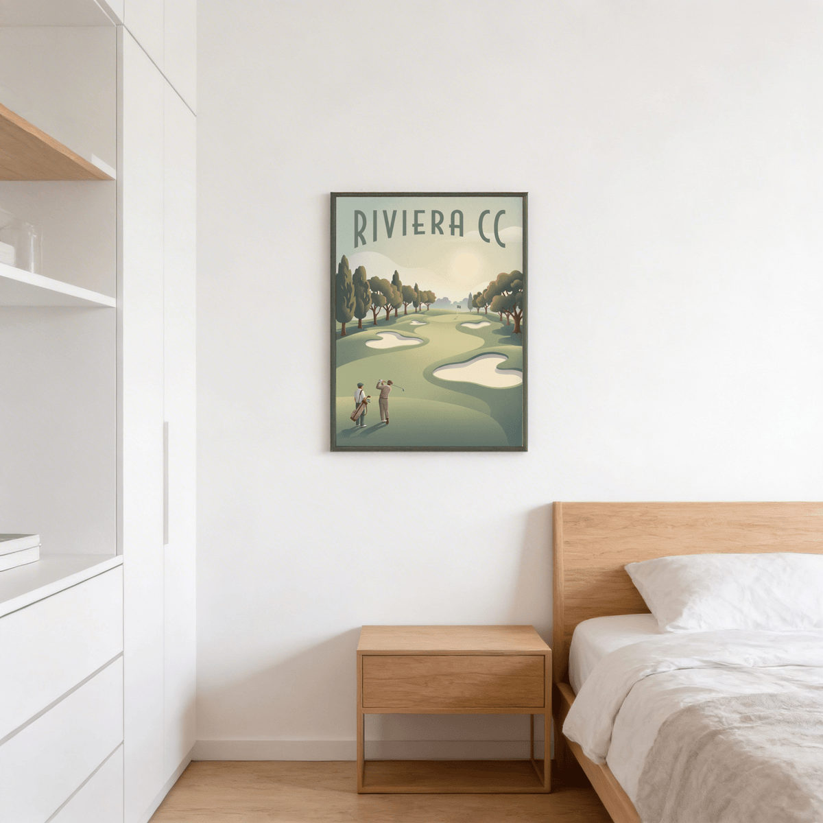 Minimal course illustration with bold title text above curved fairway and golfers