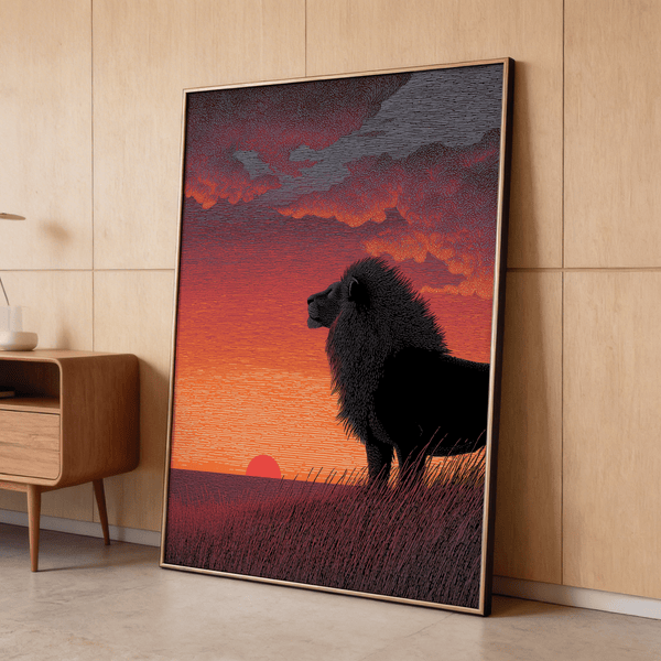 Majestic Lion Art Print highlighting textured mane linework at dusk