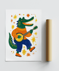 Funny Crocodile Art Print Multicolored animal playing banjo for kids playroom print