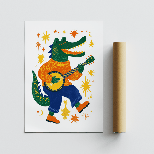 Funny Crocodile Art Print Multicolored animal playing banjo for kids playroom print