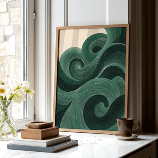 Modern Green Wall Art poster in beige and green for home office setting