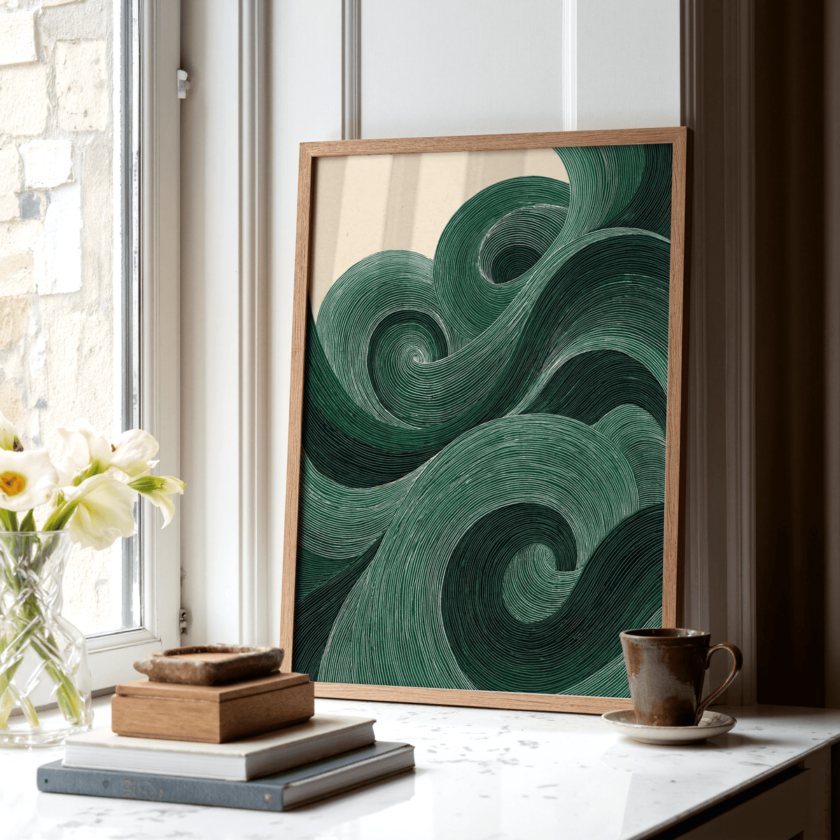 Modern Green Wall Art poster in beige and green for home office setting