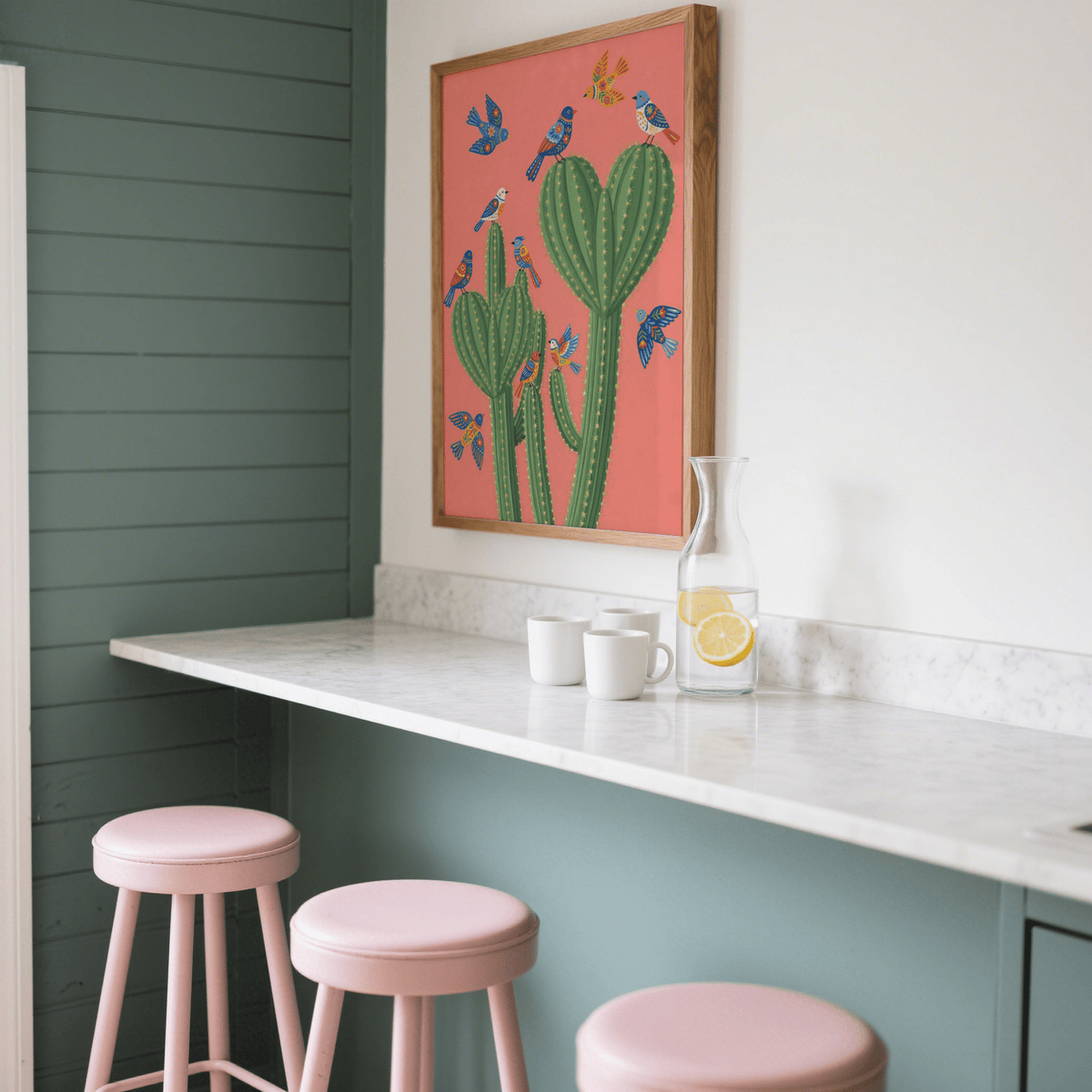 Vibrant Cactus Poster Print featuring green cactus, pink for entryway