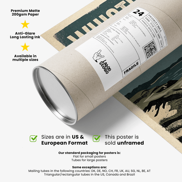 Full view Whistling Straits Golf Poster with dunes, water, and flag