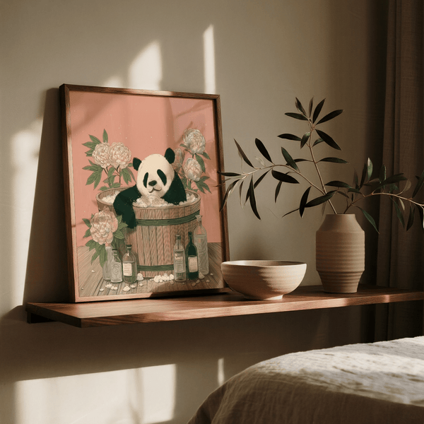 Panda Bath Print wall art using Brown, Gray, White colors for playroom